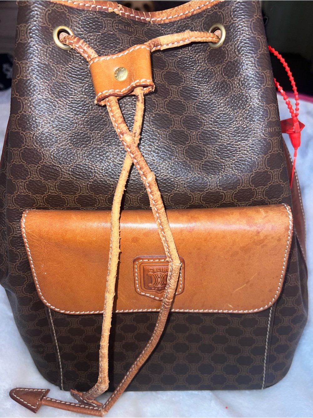 Celine Brown Monogram & Tan Leather Drawstring Backpack
